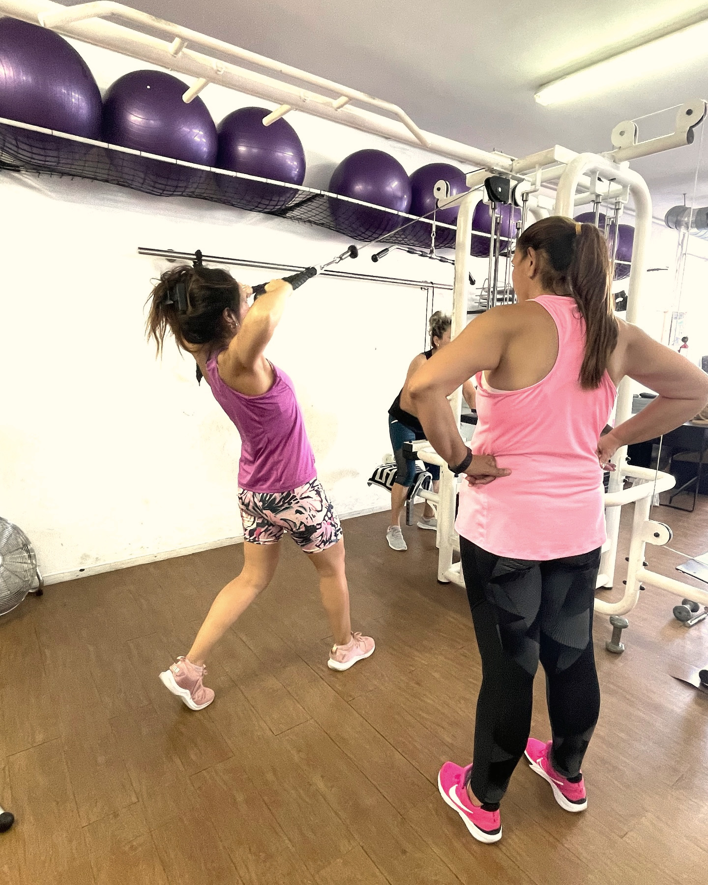 Tres fotos de la sala: una sentadilla en la polea, dos mujeres entrenando en las poleas y una mujer en la polea alta